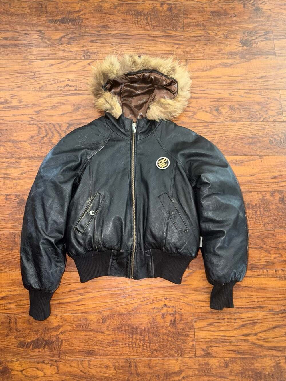 Rocawear Black Leather Bomber Jacket with Faux Fur Hood and Satin Logo Lining